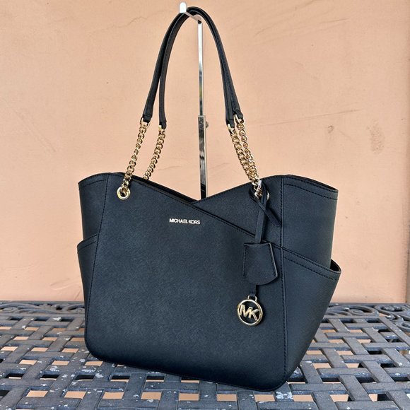 Michael Kors Jet Set Large Chain Tote Bag + Double Zip Wallet Black Yellow - Picture 4 of 16